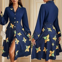 Fashion Floral Printed Notch Lapel Long Sleeve Front Slit Dress