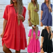 Comfy Solid Color Stand Collar V-neck Short Sleeve Cotton and Linen Dress