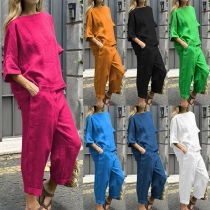 Casual Comfy Solid Color Cotton and Linen Two-piece Set Consist of Loose Shirt and Pants