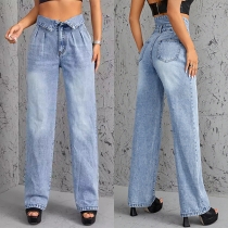 Street Fashion Foldable High-rise Straight-cut Denim Pants