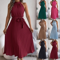 Elegant Solid Color Mock Neck Sleeveless Self-tie Waist Pleated Dress
