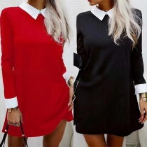 Fashion Contrast Color Stand Collar Long Sleeve Mini Dress