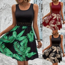 Fashion Round Neck Sleeveless Hollow Out Waist Leaves Printed Dress