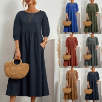Casual Solid Color Round Neck Elbow Sleeve Side Pockets Dress