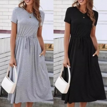 Casual V-neck Short Sleeve Elastic Waist Gray Dress
