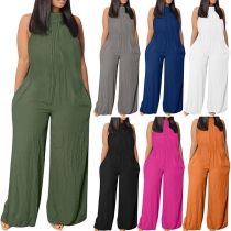 Casual Solid Color Mock Neck Sleeveless Wide-leg Cotton and Linen Loose Jumpsuit