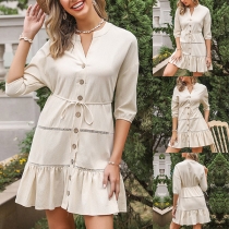 Fashion Front Button Elbow Sleeve Tiered Dress