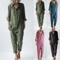 Fashion Stand Collar Long Sleeve Front Button Cotton and Linen Jumpsuit