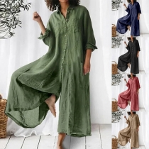Comfy Solid Color Stand Collar Long Sleeve Cotton and Linen Loose Jumpsuit