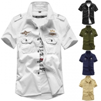 Fashion Stand Collar Short Sleeve Chest Pockets Patch Design Blouse for Men