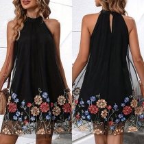 Fashion Floral Embroidered Gauze Spliced Halter Neck Sleeveless Mini Dress