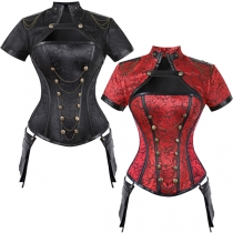 Vintage Jacquard Mock Neck Front Cut Out Short Sleeve Chain Tassel Corset Shirt