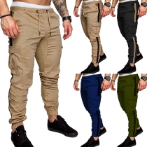 Fashion Solid Color Side Patch Pockets Elastic Waist Pants for Men