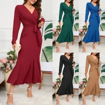 Elegant Solid Color V-neck Long Sleeve Self-tie Fishtail Bodycon Dress