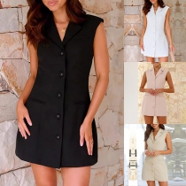 Elegant Solid Color Notch Lapel Sleeveless Button Suit Dress