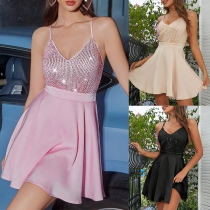 Fashion Squined Spliced V-neck Backless Bowknot Cami Dress