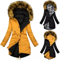 Fashion Long Sleeve Drawstring Waist Artificial Fur Spliced Hooded  Coat