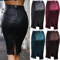 Fashion Solid Color Back Slit Zipper Slim-fit Artificial Leather PU Pencil Skirt