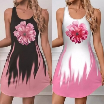 Fashion Contrast Color Floral Printed Crew Neck Sleeveless Mini Dress