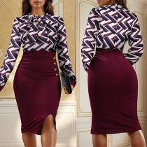 Fashion Contrast Color Printed Self-tie Crew Neck Long Sleeve Side Slit Bodycon Dress