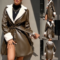 Fashion Notch Lapel Long Sleeve Self-tie Artificial Leather PU Plush Lined Jacket