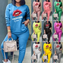 Fashion Lip Printed Two-piece Sport Set Consist of Long Sleeve Sweatshirt and Sweatpants