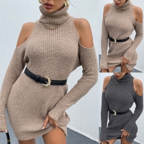 Fashion Turtleneck Open Shoulder Long Sleeve Knitted Sweater Dress