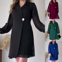 Fashion Notch Lapel Long Sleeve Pleated Dress