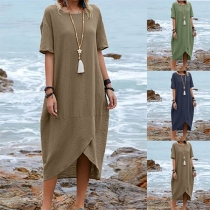 Comfy Solid Color Crew Neck Short Sleeve Irregular Hem Line Loose Dress
