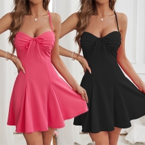Sexy Solid Color Self-tie Sweetheart Neckline Halter Neck Criss-cross Backless Mini Dress