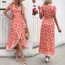 Fashion Floral Printed V-neck Ruffle Short Sleeve Slit Midi Dress