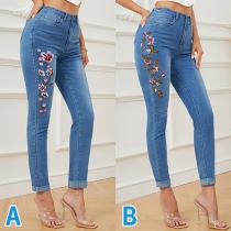 Fashion Floral Embroidered High-rise Skinny Denim Jeans