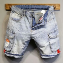 Fashion Side Patch Pockets Old-washed Denim Shorts for Men