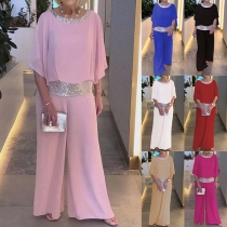 Fashion Bling-bling Sequined Spliced Two-piece Set Consist of Short Sleeve Shirt and Wide-leg Pants