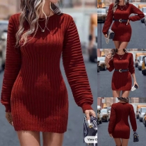 Fashion Crew Neck Long Sleeve Ribbed Sweater Dress
