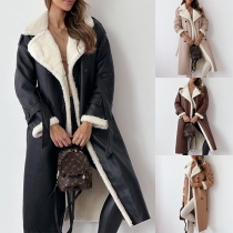 Street Fashion Double Breasted Notch Lapel Long Sleeve Self-tie Plush Lined Artificial Leather PU Jacket