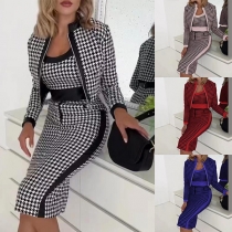 Vintage Houndstooth Printed Three-piece Set Consist of Crop Top, Pencil Skirt and Blazer