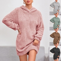 Fashion Solid Color Long Sleeve Hooded Plush Sweatshirt Dress