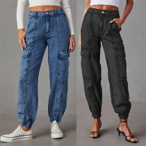 Casual Side Patch Pockets Tapered Old-washed Denim Jeans