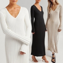 Simple Solid Color V-neck Long Sleeve Ribbed Midi Dress