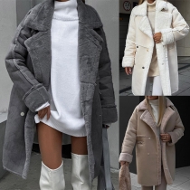 Fashion Solid Color Notch Lapel Long Sleeve Plush Lined Longline Jacket