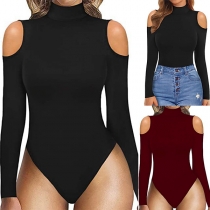 Sexy Solid Color Mock Neck Open-shoulder Long Sleeve Bodysuit