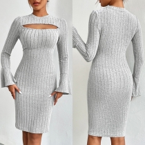 Sexy Crew Neck Front Cutout Ruffle Long Sleeve Ribbed Bodycon Dress