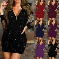 Sexy Bling-bling Gauze Spliced Long Sleeve Zipper V-neck Bodycon Party Dress