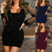 Sexy Bling-bling Gauze Spliced Long Sleeve Square Neck Bodycon Party Dress