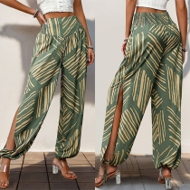 Bohemia Style Side Slit High-rise Printed Pants