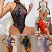 Sexy Floral Embroidered Semi-through Lingerie Bodysuit