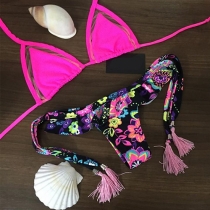 Sexy Gauze Floral Print Halter Bikini Set