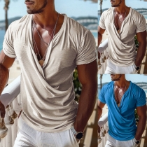 Casual Solid Color V-neck Short Sleeve Ruched Shirt for Men
