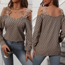 Fashion V-neck Lace Spliced Open-shoulder Long Sleeve Printed Shirt